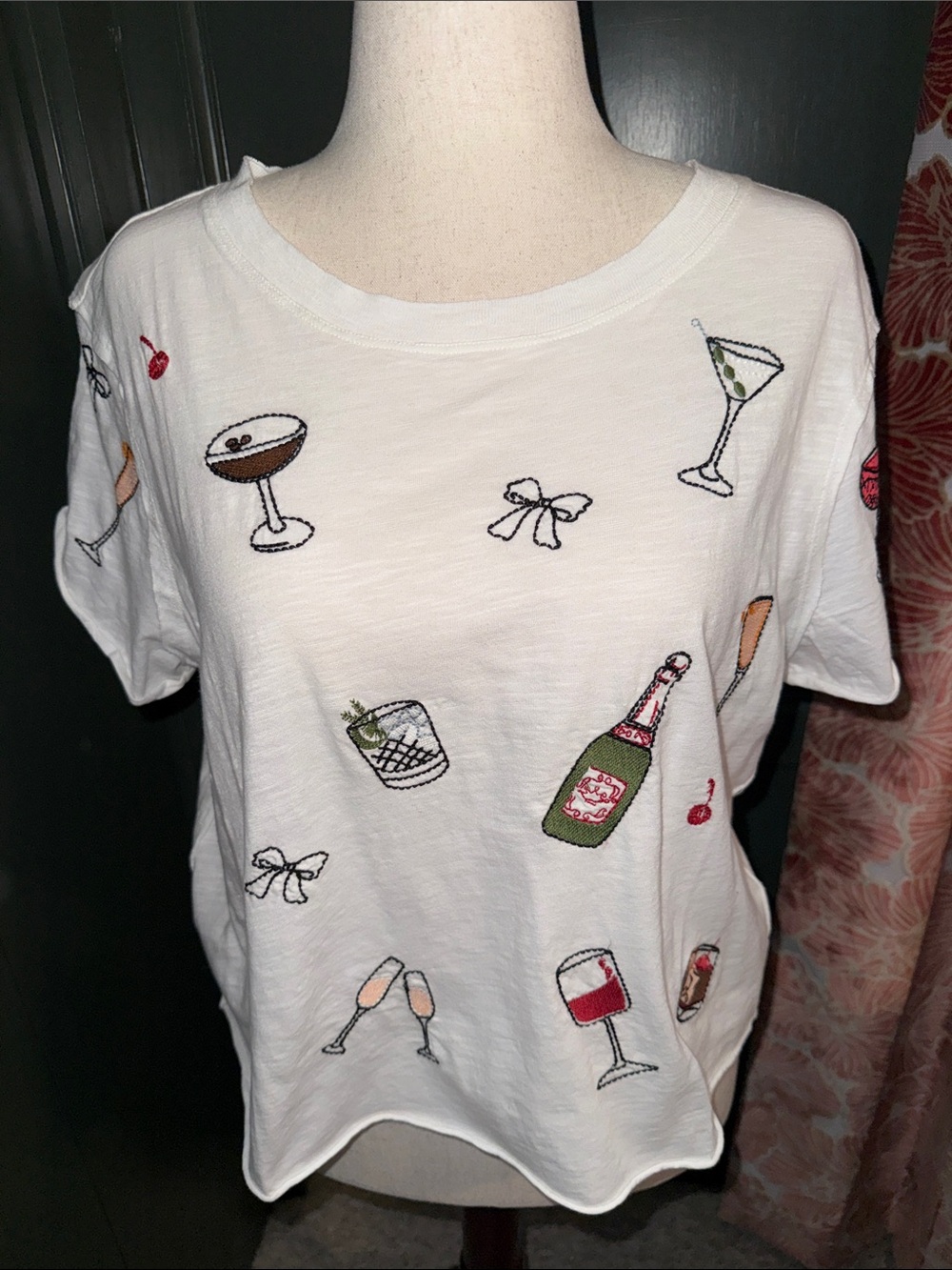 Maeve White Embroidered Cocktail Motif Short Sleeve Tee